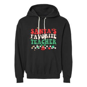 Santas Favorite Teacher Groovy Retro Christmas Garment-Dyed Fleece Hoodie