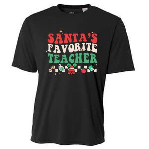 Santas Favorite Teacher Groovy Retro Christmas Cooling Performance Crew T-Shirt