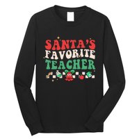 Santas Favorite Teacher Groovy Retro Christmas Long Sleeve Shirt