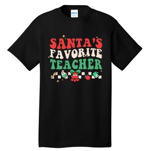 Santas Favorite Teacher Groovy Retro Christmas Tall T-Shirt