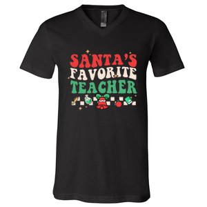 Santas Favorite Teacher Groovy Retro Christmas V-Neck T-Shirt