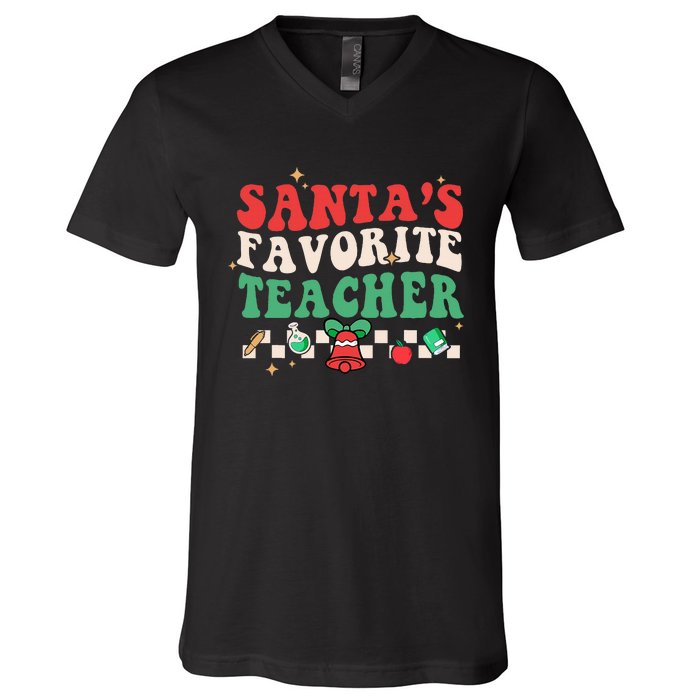 Santas Favorite Teacher Groovy Retro Christmas V-Neck T-Shirt