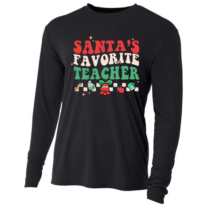 Santas Favorite Teacher Groovy Retro Christmas Cooling Performance Long Sleeve Crew