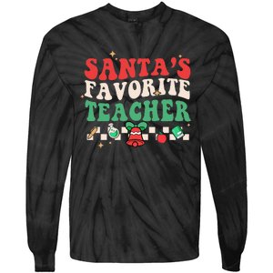 Santas Favorite Teacher Groovy Retro Christmas Tie-Dye Long Sleeve Shirt