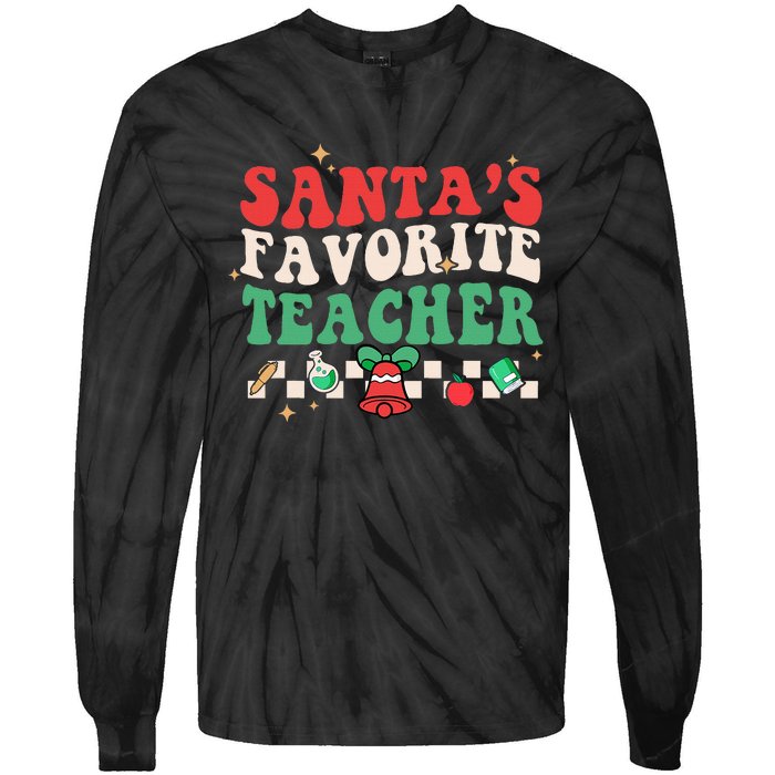 Santas Favorite Teacher Groovy Retro Christmas Tie-Dye Long Sleeve Shirt