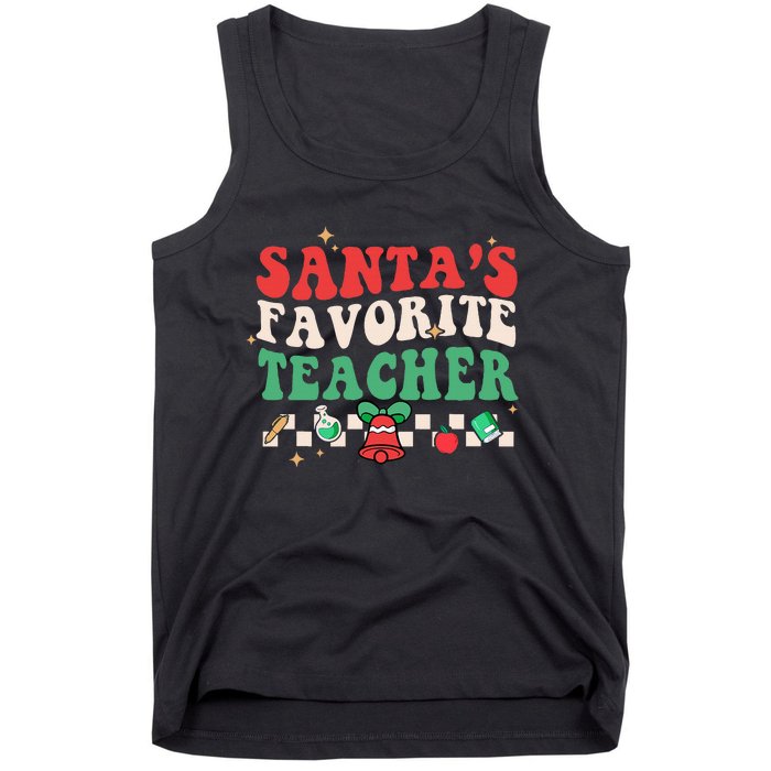 Santas Favorite Teacher Groovy Retro Christmas Tank Top