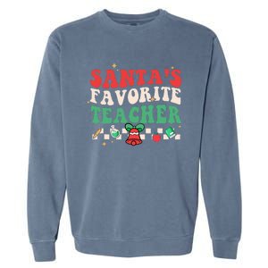 Santas Favorite Teacher Groovy Retro Christmas Garment-Dyed Sweatshirt