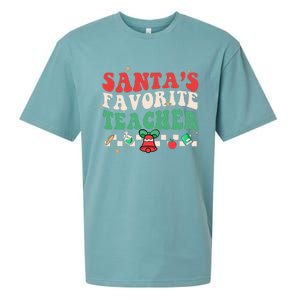 Santas Favorite Teacher Groovy Retro Christmas Sueded Cloud Jersey T-Shirt