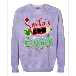 SantaS Favorite Teacher Funny Christmas Pen Santa Hat Light Colorblast Crewneck Sweatshirt