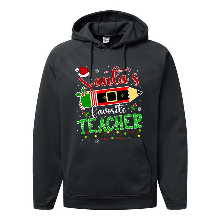 SantaS Favorite Teacher Funny Christmas Pen Santa Hat Light Performance Fleece Hoodie