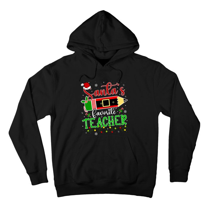 SantaS Favorite Teacher Funny Christmas Pen Santa Hat Light Hoodie