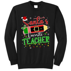 SantaS Favorite Teacher Funny Christmas Pen Santa Hat Light Sweatshirt