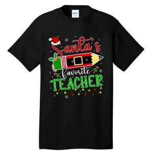 SantaS Favorite Teacher Funny Christmas Pen Santa Hat Light Tall T-Shirt