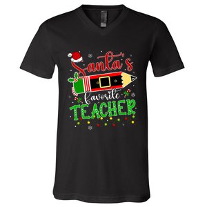 SantaS Favorite Teacher Funny Christmas Pen Santa Hat Light V-Neck T-Shirt