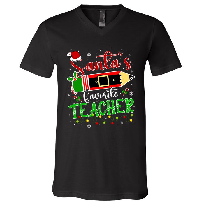 SantaS Favorite Teacher Funny Christmas Pen Santa Hat Light V-Neck T-Shirt