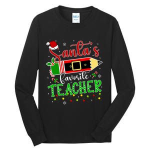 SantaS Favorite Teacher Funny Christmas Pen Santa Hat Light Tall Long Sleeve T-Shirt