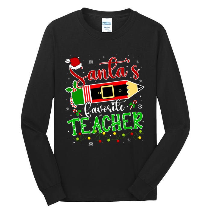 SantaS Favorite Teacher Funny Christmas Pen Santa Hat Light Tall Long Sleeve T-Shirt