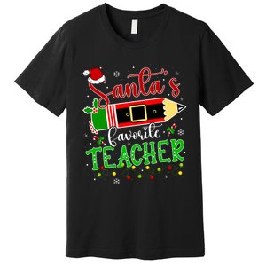 SantaS Favorite Teacher Funny Christmas Pen Santa Hat Light Premium T-Shirt