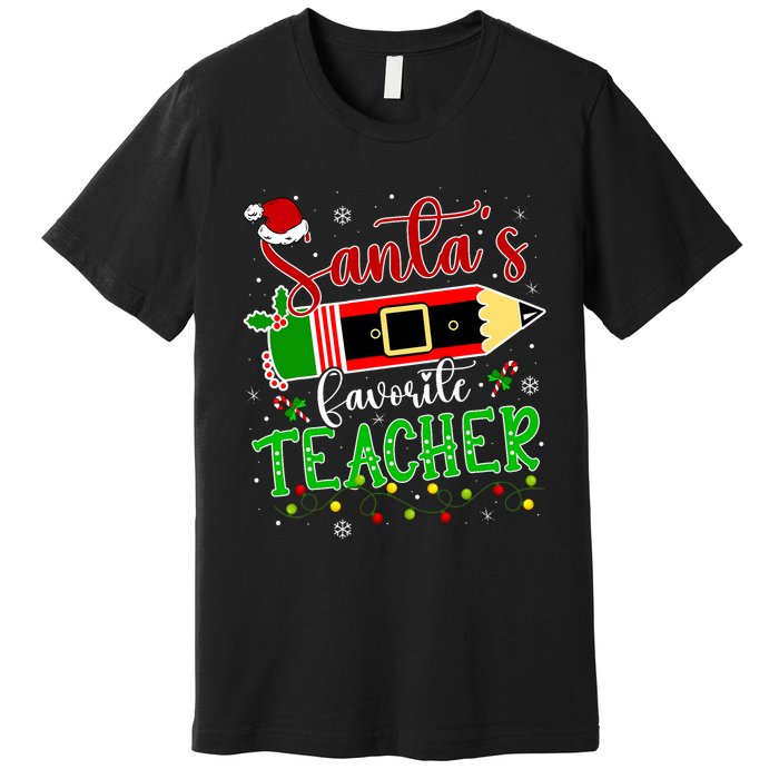 SantaS Favorite Teacher Funny Christmas Pen Santa Hat Light Premium T-Shirt