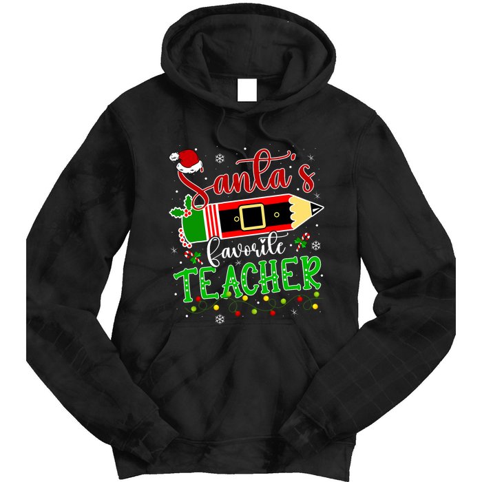 SantaS Favorite Teacher Funny Christmas Pen Santa Hat Light Tie Dye Hoodie