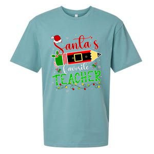 SantaS Favorite Teacher Funny Christmas Pen Santa Hat Light Sueded Cloud Jersey T-Shirt