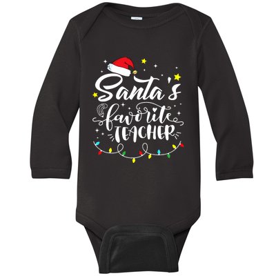 Santas Favorite Teacher Funny Christmas Santa Hat Light Baby Long Sleeve Bodysuit