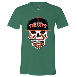 San Francisco The City Sugar Skull Bay Bridge Golden Gate V-Neck T-Shirt