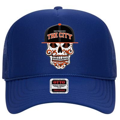 San Francisco The City Sugar Skull Bay Bridge Golden Gate High Crown Mesh Back Trucker Hat