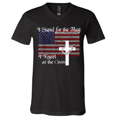 Stand For The Flag, I Kneel At The Cross Patriotic Christian V-Neck T-Shirt