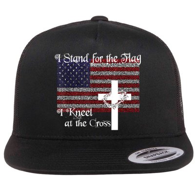 Stand For The Flag, I Kneel At The Cross Patriotic Christian Flat Bill Trucker Hat