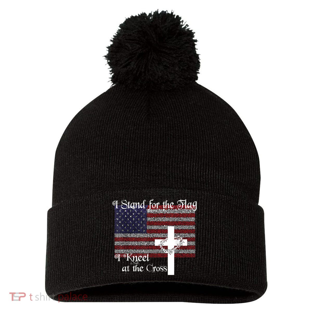 Stand For The Flag, I Kneel At The Cross Patriotic Christian Pom Pom 12in Knit Beanie