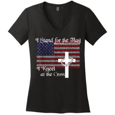 Stand For The Flag, I Kneel At The Cross Patriotic Christian Women's V-Neck T-Shirt