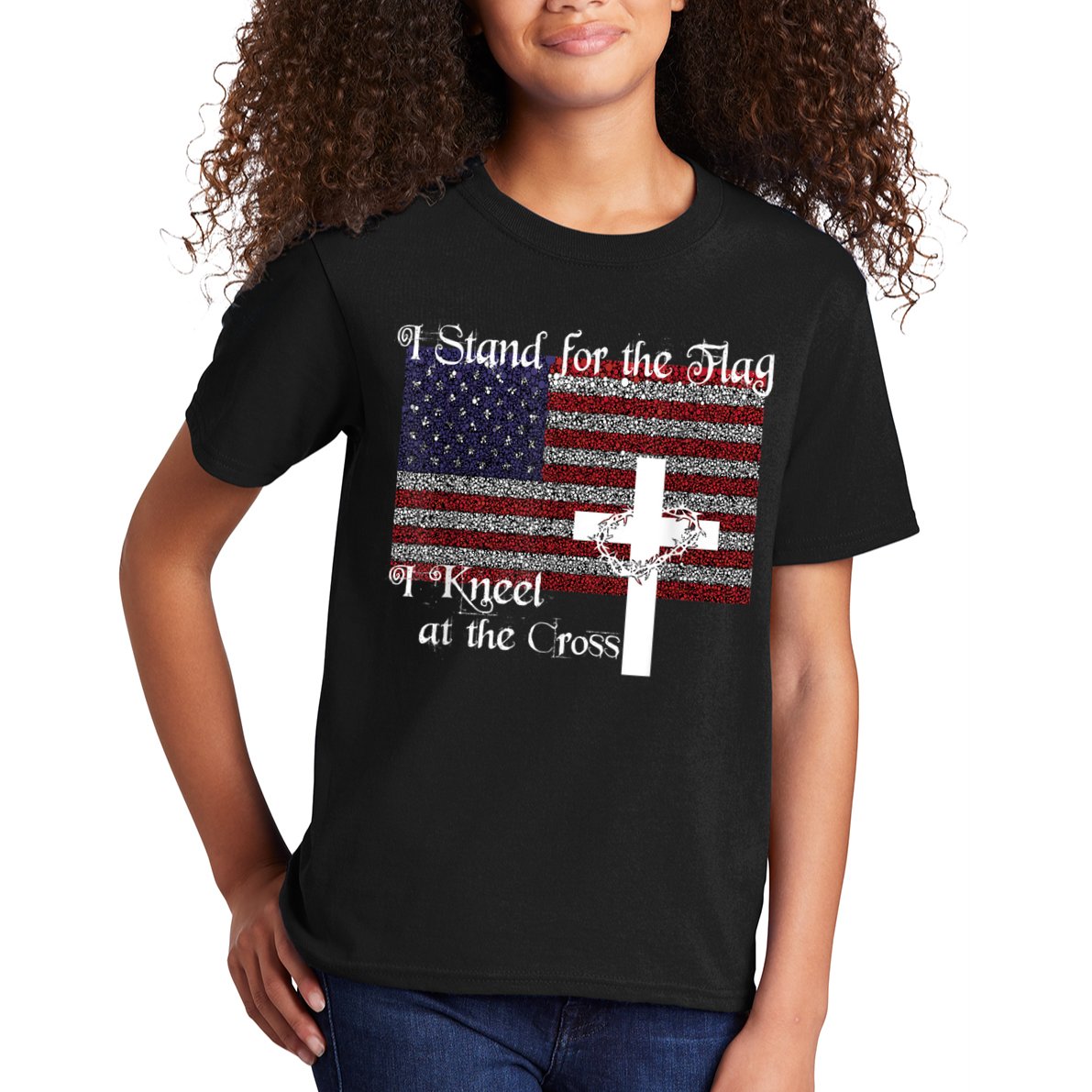 Stand For The Flag, I Kneel At The Cross Patriotic Christian Kids T-Shirt
