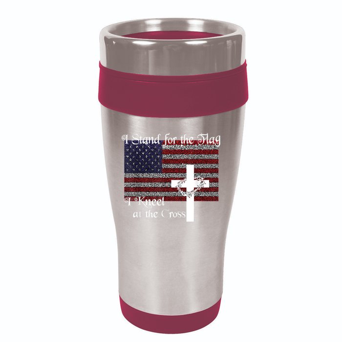 Stand For The Flag, I Kneel At The Cross Patriotic Christian 16oz Travel Tumbler