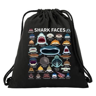 Shark Faces Type Of Shark Shark Faces Of All Kinds Drawstring Bag