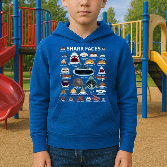 Shark Faces Type Of Shark Shark Faces Of All Kinds Kids Hoodie