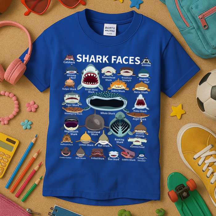 Shark Faces Type Of Shark Shark Faces Of All Kinds Kids T-Shirt