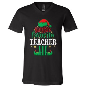 Santa's Favorite Teacher Elf Christmas Family Matching V-Neck T-Shirt