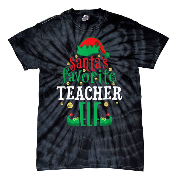 Santa's Favorite Teacher Elf Christmas Family Matching Tie-Dye T-Shirt