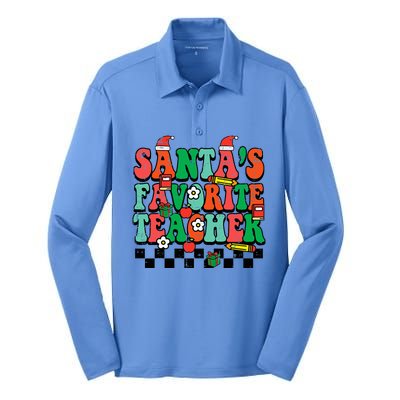 Santas Favorite Teacher Retro Groovy Christmas Xmas Silk Touch Performance Long Sleeve Polo