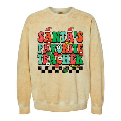 Santas Favorite Teacher Retro Groovy Christmas Xmas Colorblast Crewneck Sweatshirt