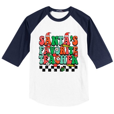 Santas Favorite Teacher Retro Groovy Christmas Xmas Baseball Sleeve Shirt