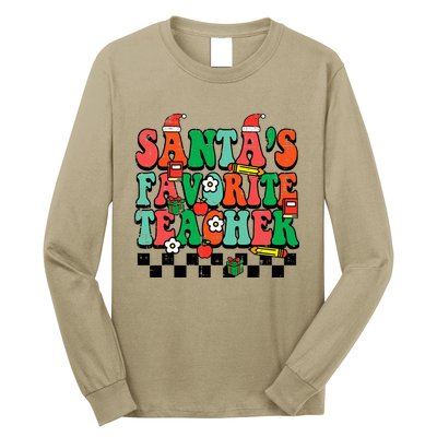 Santas Favorite Teacher Retro Groovy Christmas Xmas Long Sleeve Shirt