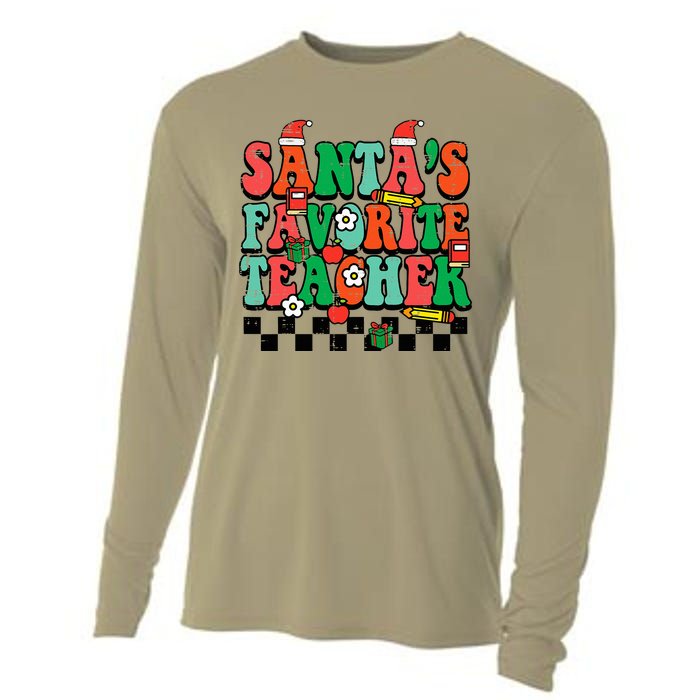 Santas Favorite Teacher Retro Groovy Christmas Xmas Cooling Performance Long Sleeve Crew