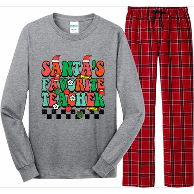 Santas Favorite Teacher Retro Groovy Christmas Xmas Long Sleeve Pajama Set