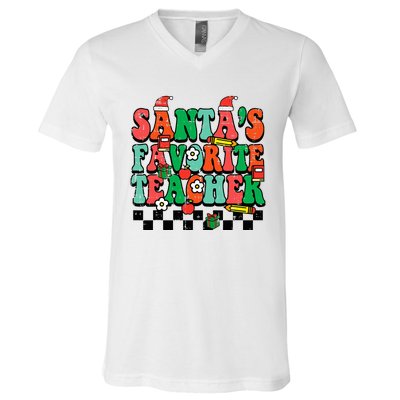 Santas Favorite Teacher Retro Groovy Christmas Xmas V-Neck T-Shirt