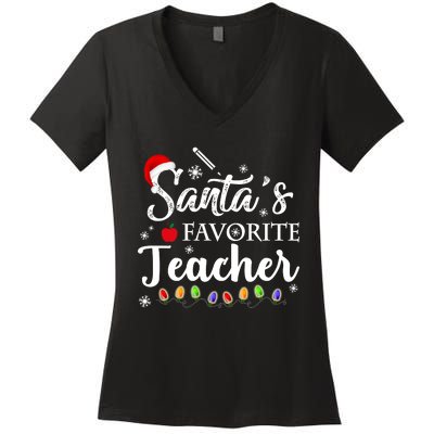 SantaS Favorite Teacher Family Matching Group Christmas Women's V-Neck T-Shirt