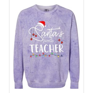 Santas Favorite Teacher Funny Christmas Santa Hat Light Colorblast Crewneck Sweatshirt