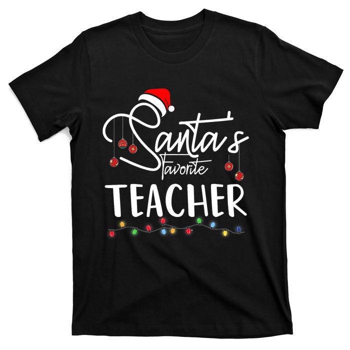 Santas Favorite Teacher Funny Christmas Santa Hat Light T-Shirt