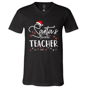 Santas Favorite Teacher Funny Christmas Santa Hat Light V-Neck T-Shirt